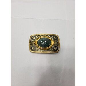 Vintage Western Belt Buckle Gold Tone Black Enamel Large Green Stone Floral